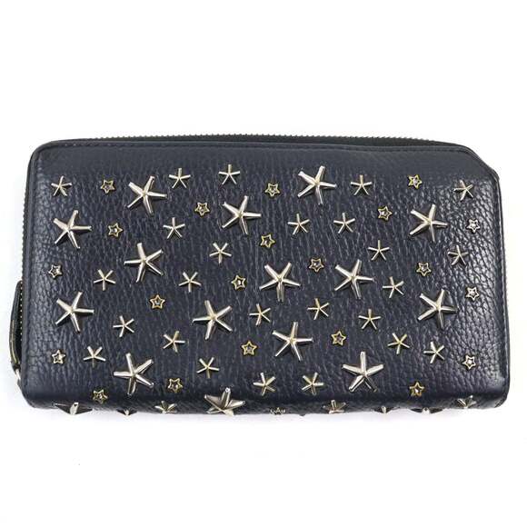 JIMMY CHOO Accessories - JIMMY CHOO Calfskin Leather Round Zip Wallet with Crystal Star Studs, Navy Bl...